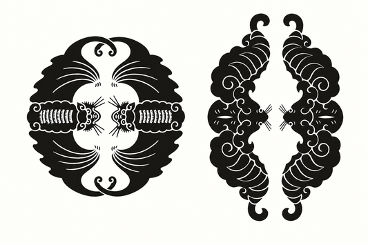 Two black paired-bat patterns representing Double Blessings, one rounded and one elongated