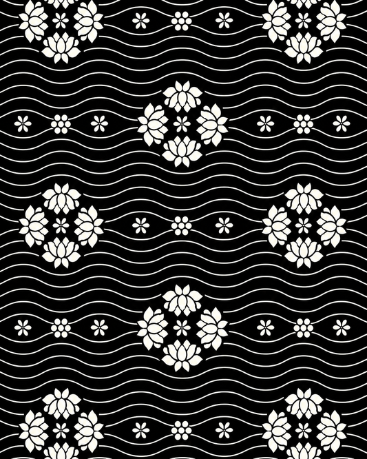 Black and white Falling Flowers and Flowing Water pattern with floral medallions and wave lines