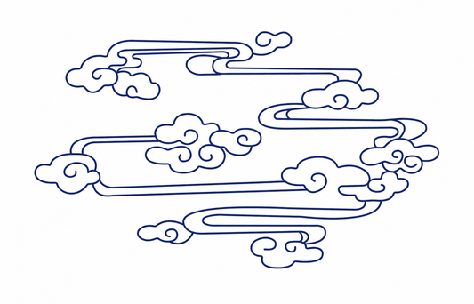 Clean navy-blue line drawing of elongated Chinese flowing-cloud motifs