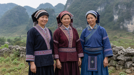 Illustrative portrait of three Gelao women in traditional-inspired clothing in a Guizhou karst landscape
