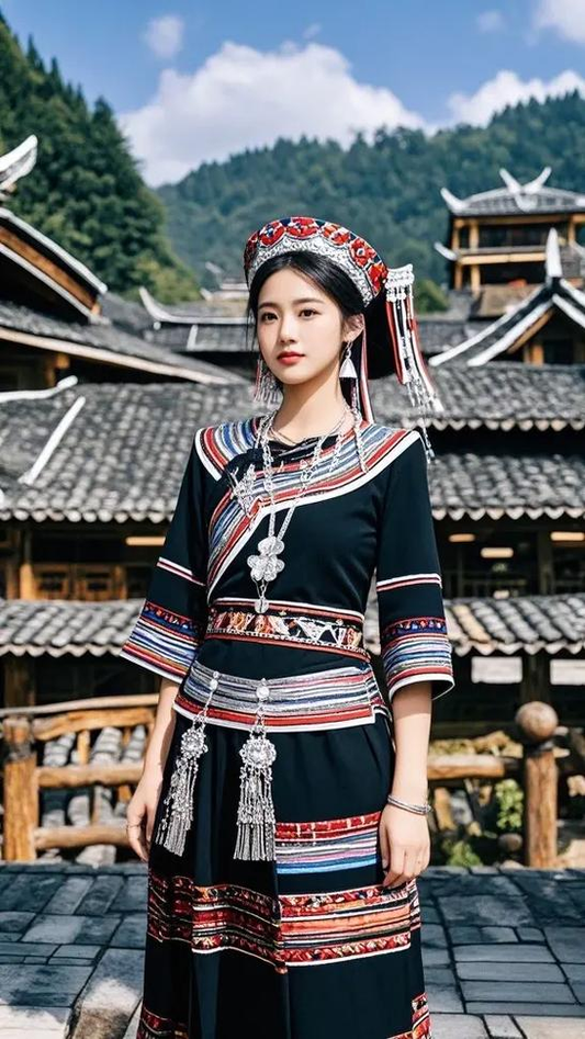 Jino woman wearing traditional clothing in a mountain village