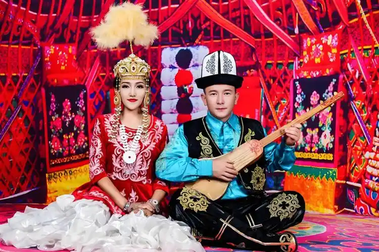 Kyrgyz cultural portrait with ceremonial clothing and a komuz inside a decorated yurt