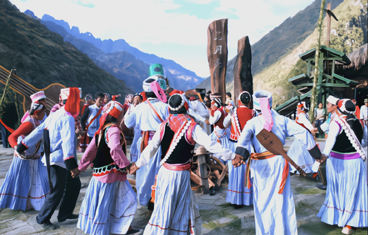 Lisu community members dancing together during a festival in a mountain valley