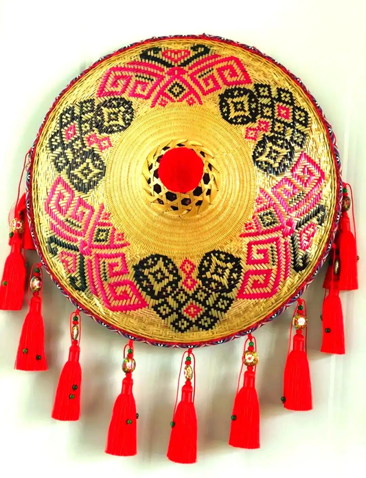 Contemporary decorative Maonan flower bamboo hat with red, black, and natural bamboo patterns