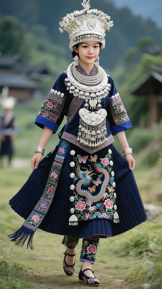 Portrait showing an embroidered blue outfit with an elaborate silver-colored headdress and necklaces