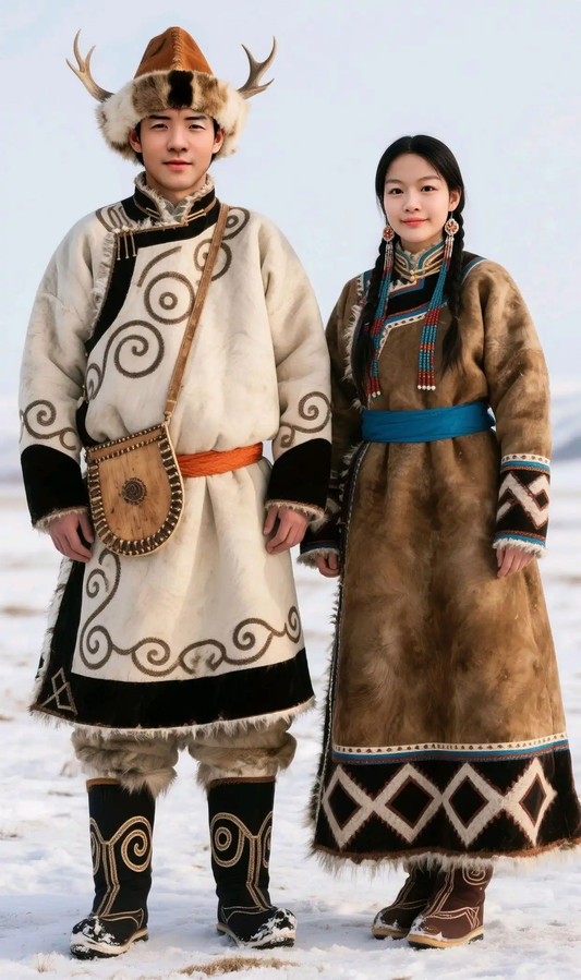 Oroqen people in traditional winter clothing