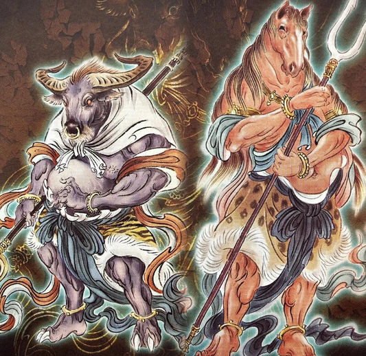 Illustration of Ox-Head and Horse-Face as Chinese underworld guardians