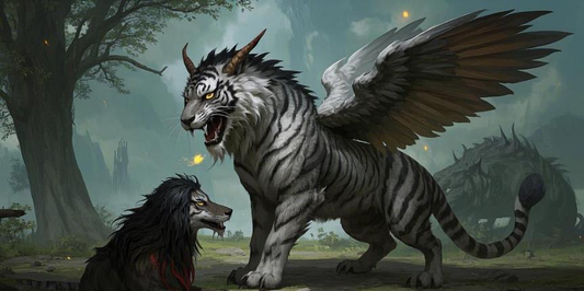 Contemporary illustration of a horned winged tiger inspired by the Qiongqi legend