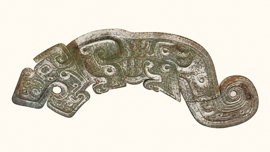 Illustration of a Spring and Autumn jade tiger pendant with an arched body, incised patterns and a coiled tail