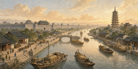 Historical illustration of the Sui dynasty Grand Canal with grain boats, a walled city, and a Buddhist pagoda