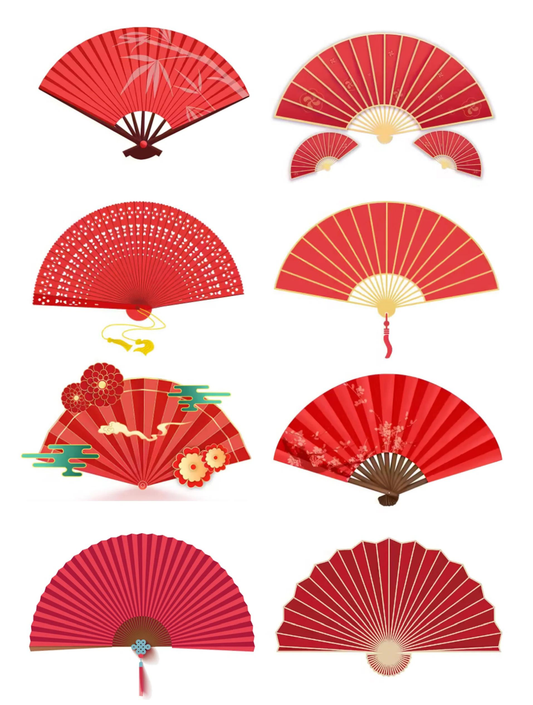 Illustrated examples of traditional red Chinese folding fans