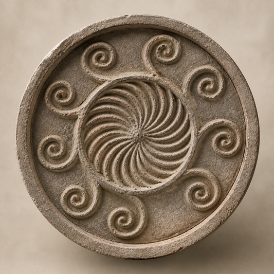 Reference-based reconstruction of a circular tile end with a central vortex and ten cloud-scroll tendrils
