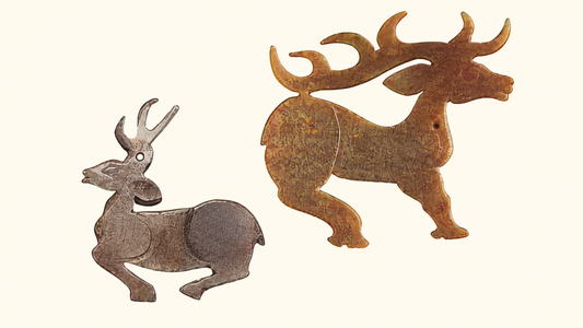 Illustrations of two Western Zhou deer-shaped jade pendants, with contrasting antlers and curved bodies