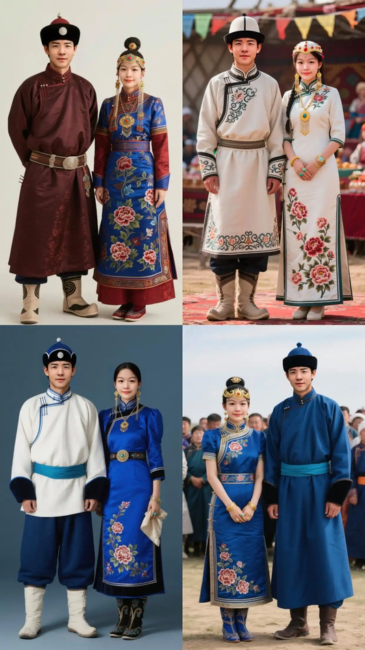 Illustrative composite of men and women in Xibe-inspired traditional clothing