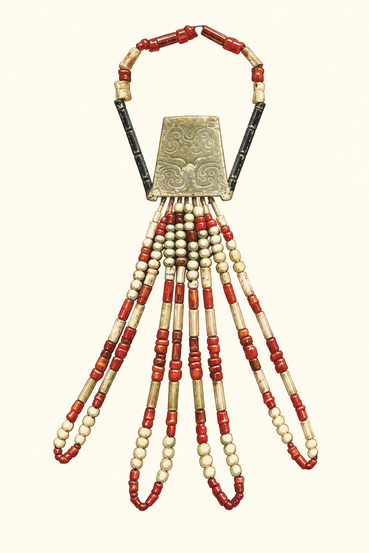 Illustration of a Western Zhou composite jade pendant from the Ying-state cemetery, with a trapezoidal plaque and four paired beaded loops