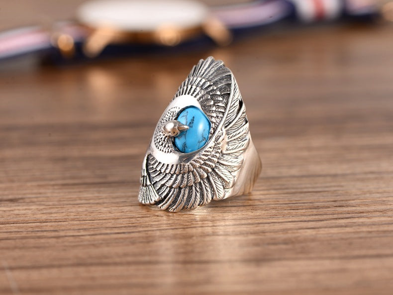 retro eagle wings set with artificial Turquoise ring-Sterling silver