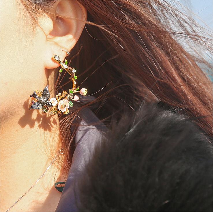 Branch Flower Magpie Natural Pearl Shell Zircon Enamel Stereoscopic Earrings