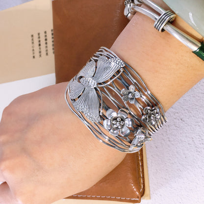 Schmetterlingsliebe Blumen Breites Armband Handgewebt – Sterlingsilber