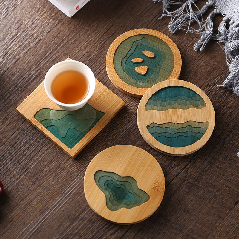 Traditional Craft Creative Bamboo Poetic Tea Cup Mat Set (1 set of 7 options)