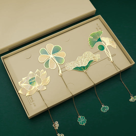 Chinoiserie style brass baking varnish hollow tassel round fan bookmark Set