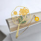 Chinoiserie Plum Orchid  Bamboo Brass  Lacquer Hollow Fringe Fan Bookmark Set
