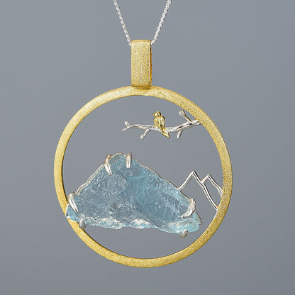 Bird Flower Blue Treasure Necklace - Sterling Silver