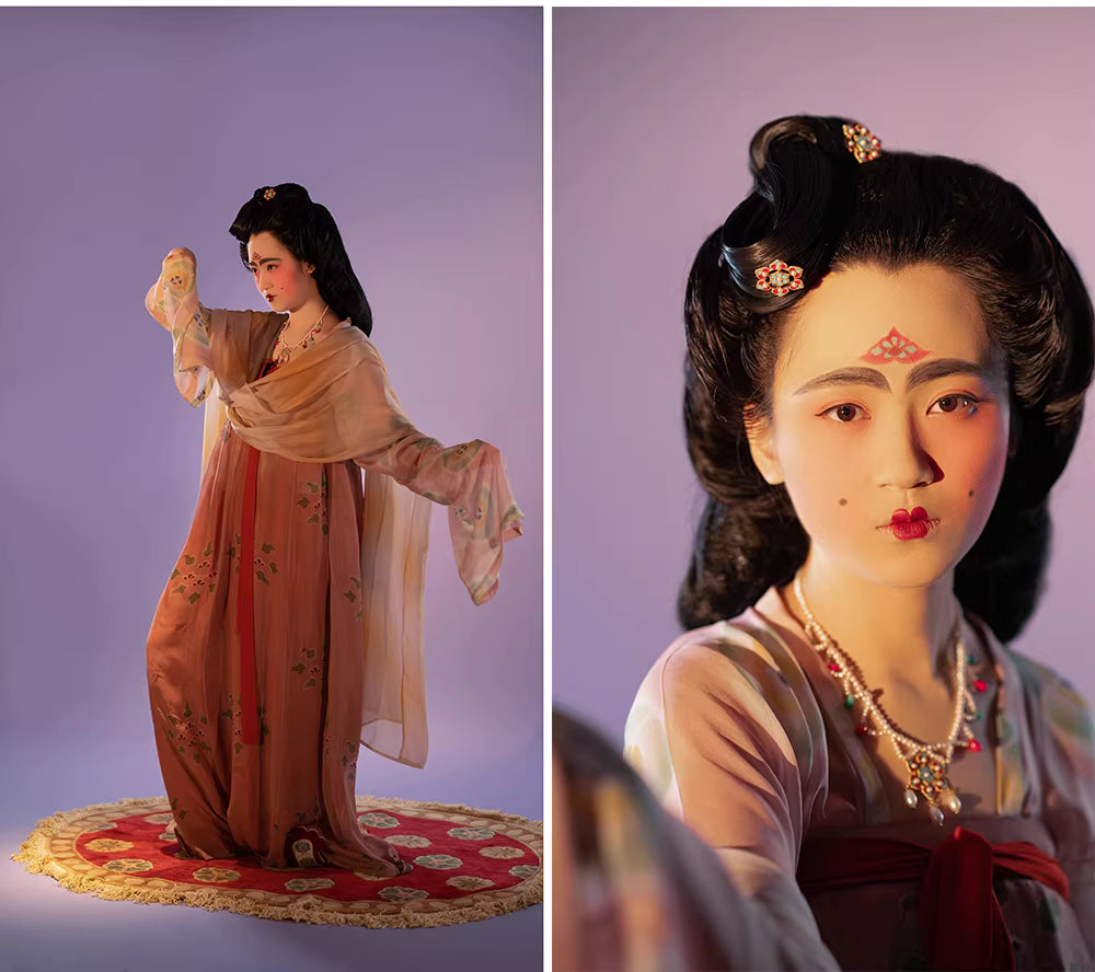 Enamel Six-Petal Flower Hanfu Hairpiece with Pearls – Gold-Plated Silver, Retro Tang Dynasty Style for Women