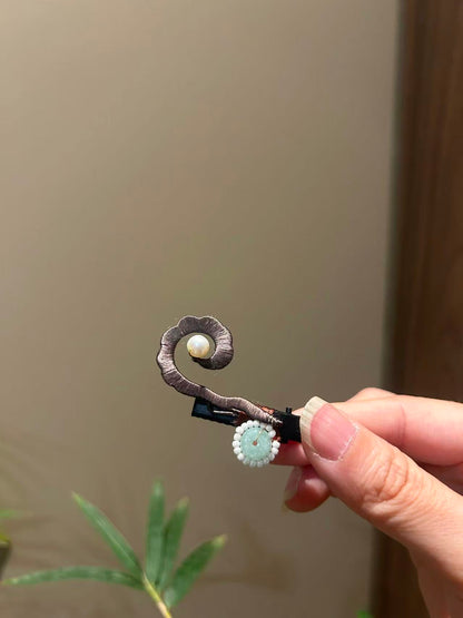 Handmade Chinese Chanhua Cloud Pattern Pearl Hairpin – Traditional Silk Thread Hanfu Hair Accessory for Women