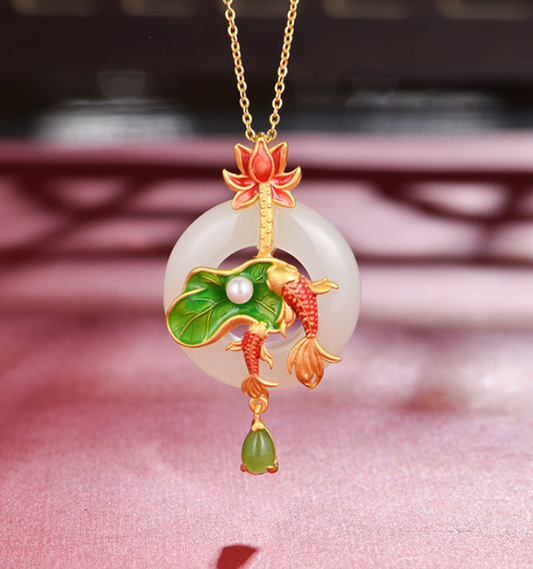 Lotus Pearl Waterdrop Enamel Lotus Leaf 2 Koi Carp and Tian Jade Pendant Necklace - Sterling Silver