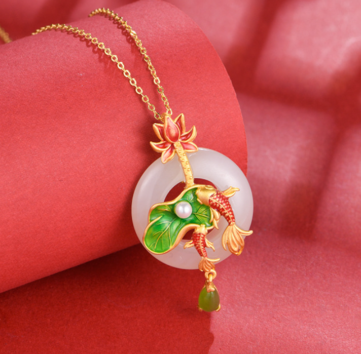 Lotus Pearl Waterdrop Enamel Lotus Leaf 2 Koi Carp and Tian Jade Pendant Necklace - Sterling Silver