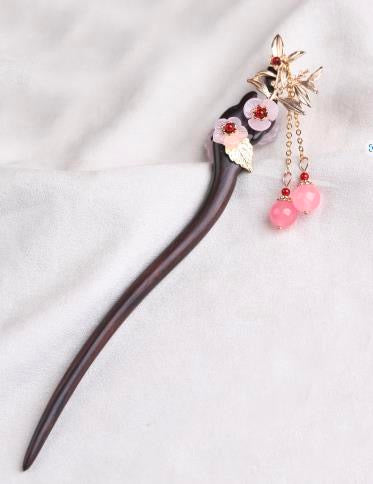 2 Pink Flower Branches 2 Pink Beads Tassel Hairpin - Wood