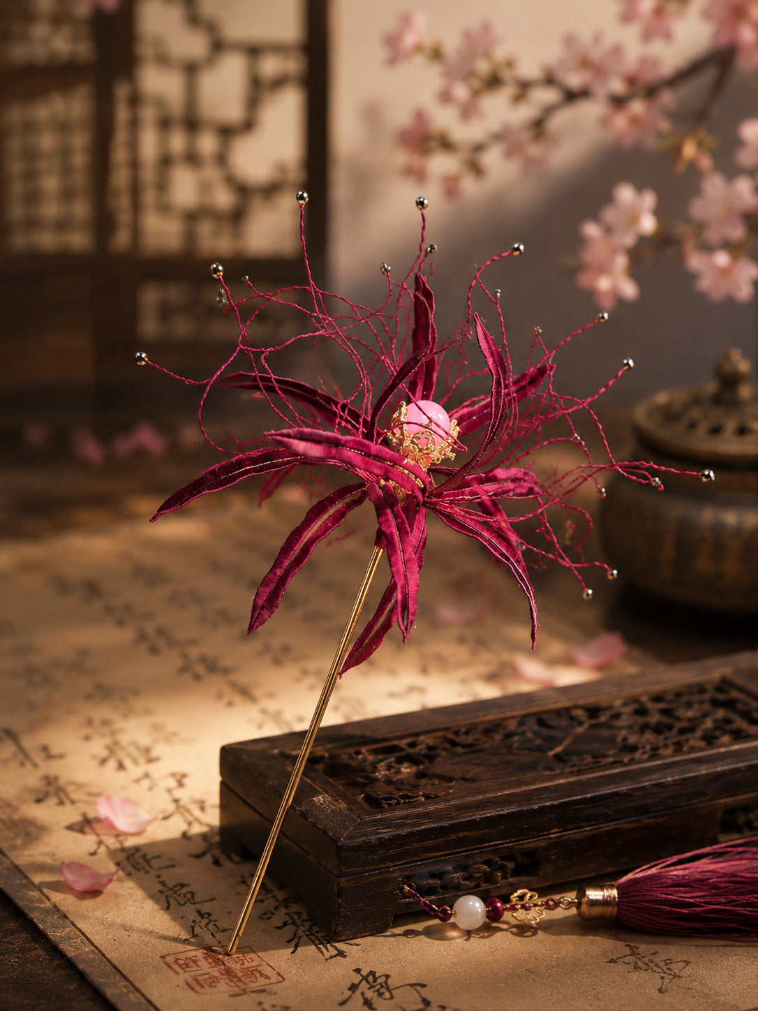 Handgemachte chinesische Chanhua Rote Spinnenlilie Haarnadel – Traditioneller Seidenfaden Hanfu Haarschmuck für Frauen