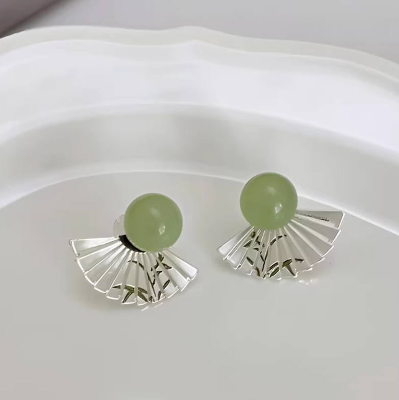 Oriental Dark Green Bamboo Fan Earrings – Retro Chinese Style Stud Earrings for Women