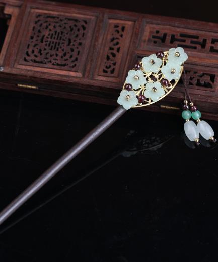 6 Glass Flowers 2 Colored Stone Barrel Beads Tassel Hairpin-Wood
