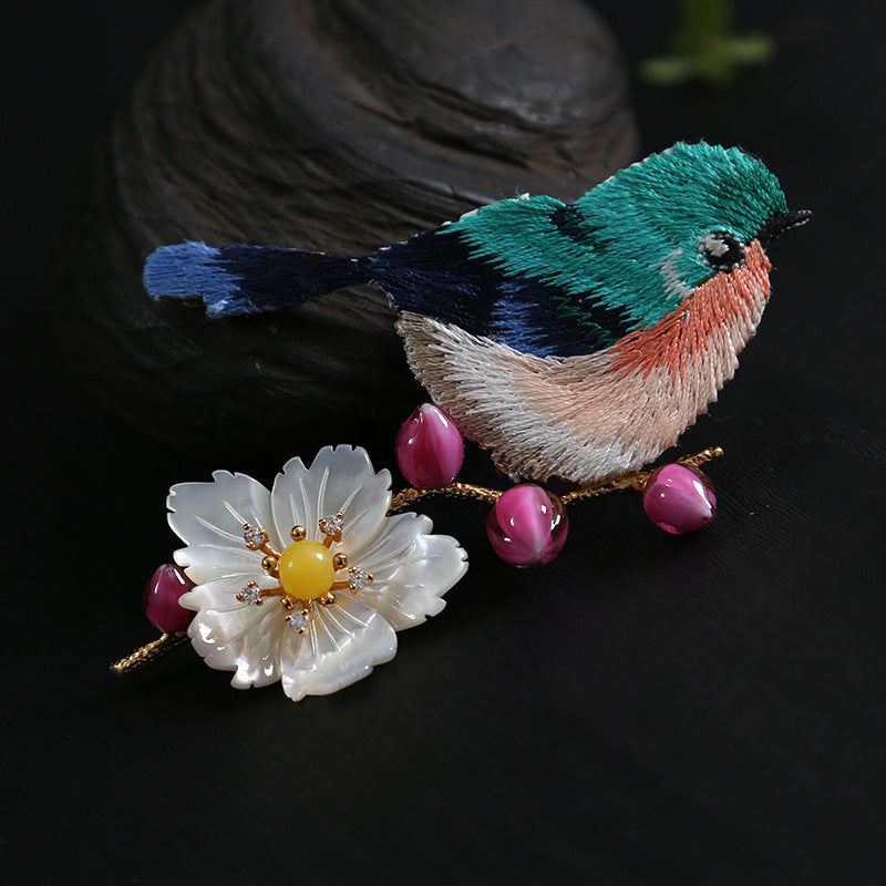 Embroidered bird gemstone flower brooch