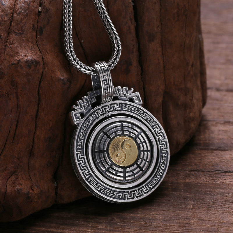 Circular Tai Chi Bagua rotating vintage sterling silver necklace