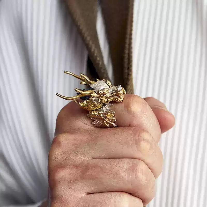 Chinese Myth Dragon Ring – Vintage Punk Style Sterling Silver Open Ring for Men