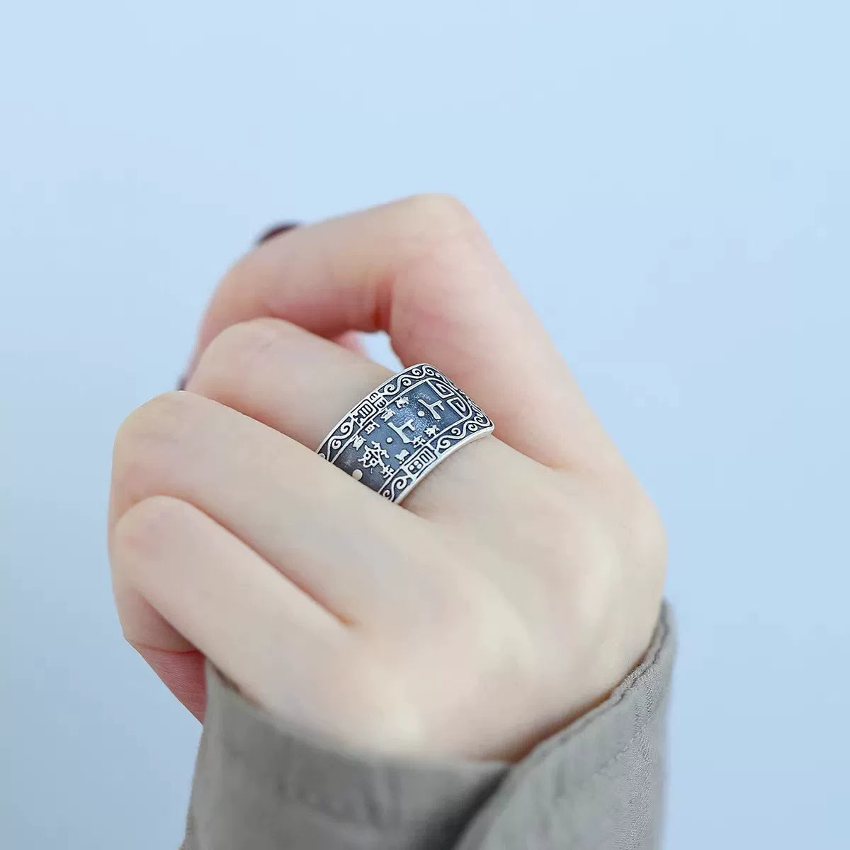 Oriental Lucky Symbol Ring – 925 Silver Vintage Engraved Open Ring for Women and Men