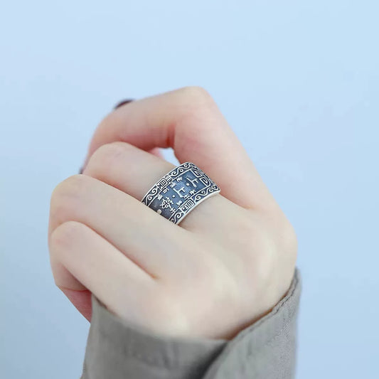 Oriental Lucky Symbol Ring – 925 Silver Vintage Engraved Open Ring for Women and Men