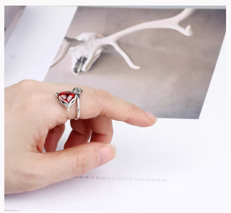 Vintage Fox Ring with Garnet – Adjustable 925 Sterling Silver Statement Ring