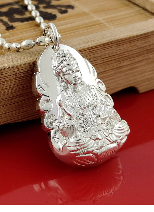 Solid Sterling Silver Guanyin Pendant Necklace with 3D Six-Character Mantra – 2.5×3.9×1cm, 45g, Unisex, Optional Silver Bead Chain