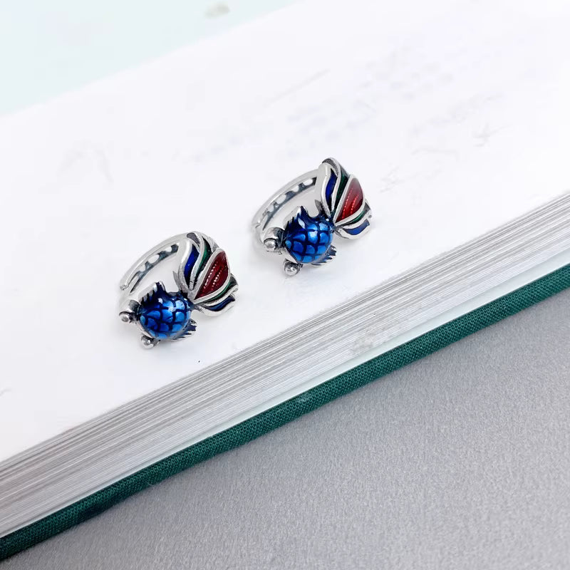 925 Sterling Silver Koi Fish Earrings – Vintage Enamel Handmade Fish Studs for Women