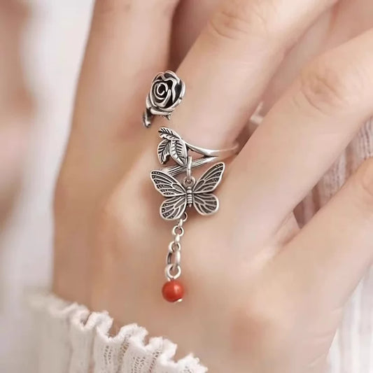 Rose Butterfly Tassel Ring – Vintage Chinese Adjustable Open Ring