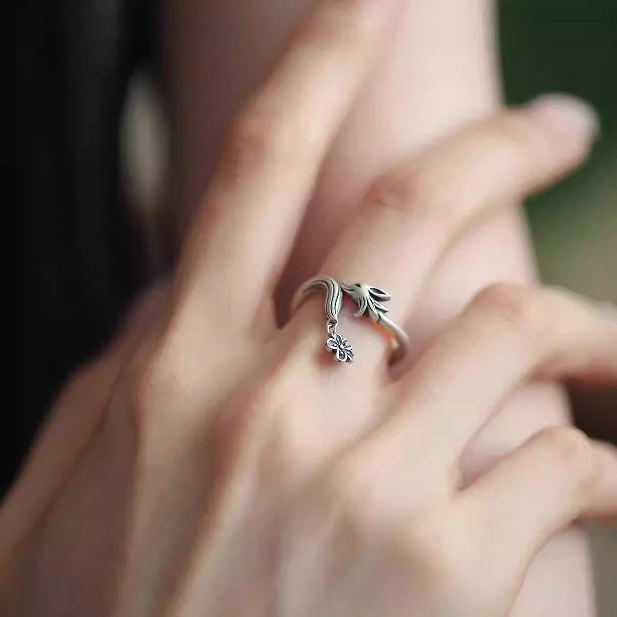 Vintage 925 Silver Adjustable Fox Flower Ring – Chinese Style Cute Ethnic Jewelry for Women