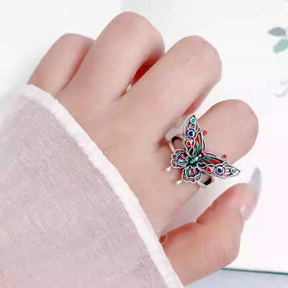 925 Sterling Silver Butterfly Ring with Colorful Enamel – Original Chinese Style, Adjustable Floral Design for Women