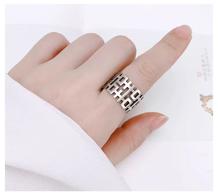 925 Sterling Silver Double Happiness Ring – Hollow Carved Open Band