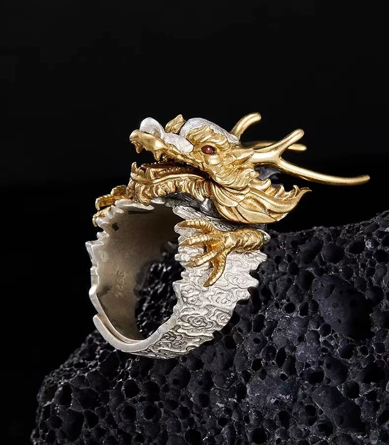 Chinese Myth Dragon Ring – Vintage Punk Style Sterling Silver Open Ring for Men