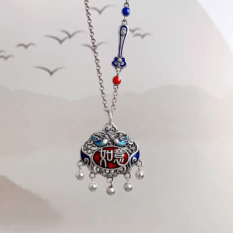 Double Fish Ruyi Peace Lock Pendant Necklace with Tassel – Enamel Feng Shui Charm