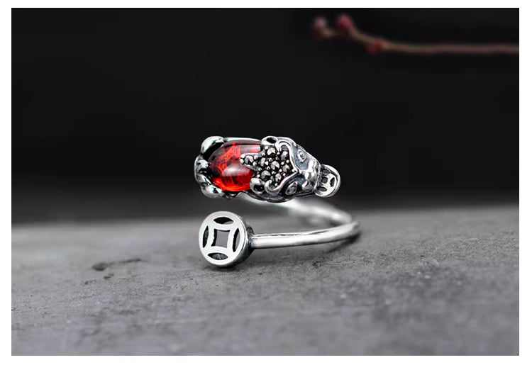 925 Sterling Silver Garnet Pi Xiu Ring –  Lucky Coin Feng Shui Jewelry for Women and Men