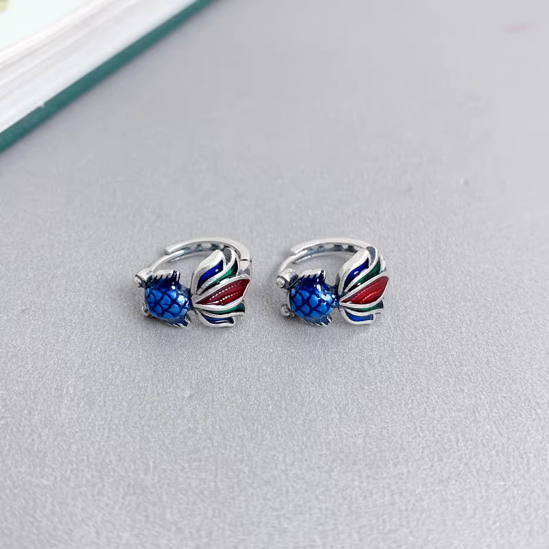 925 Sterling Silver Koi Fish Earrings – Vintage Enamel Handmade Fish Studs for Women